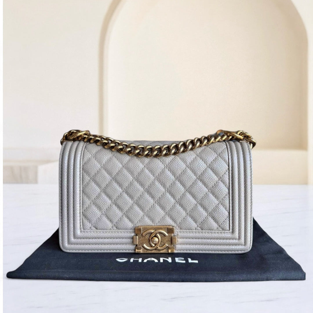 Chanel Boy Medium - Caviar 25CM Quilted Grained Calfskin Grey Gray Gold Hardware Series  20