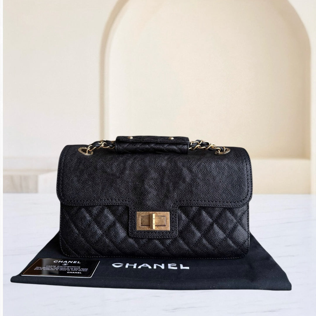 Chanel Mademoiselle 2.55 Lock Flap - Caviar Quilted Grained Calfskin Black Gold Hardware Series 16