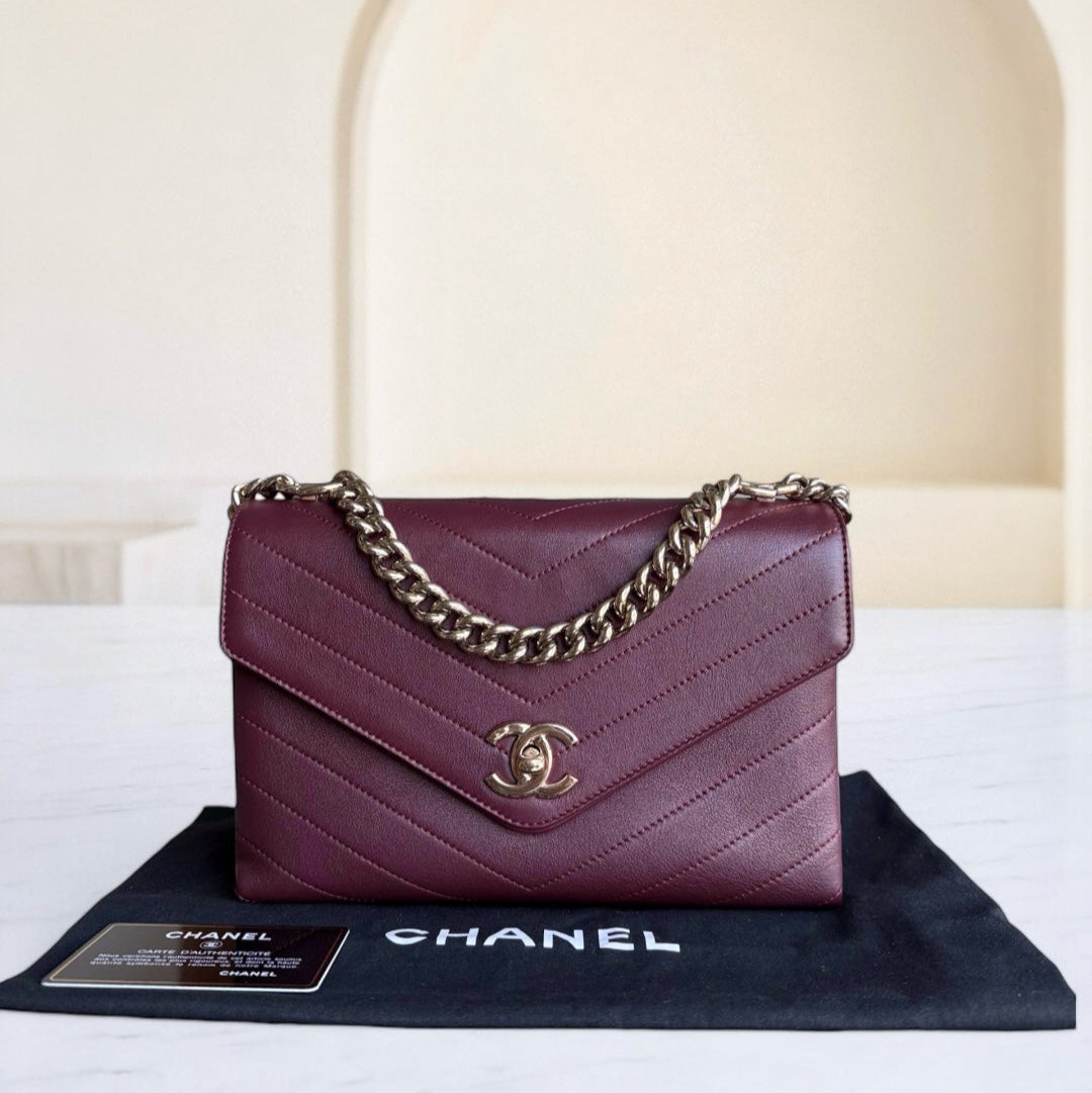 Chanel Coco Chevron Bag - Smooth Calfskin Dark Burgundy Red Gold Hardware Series 26