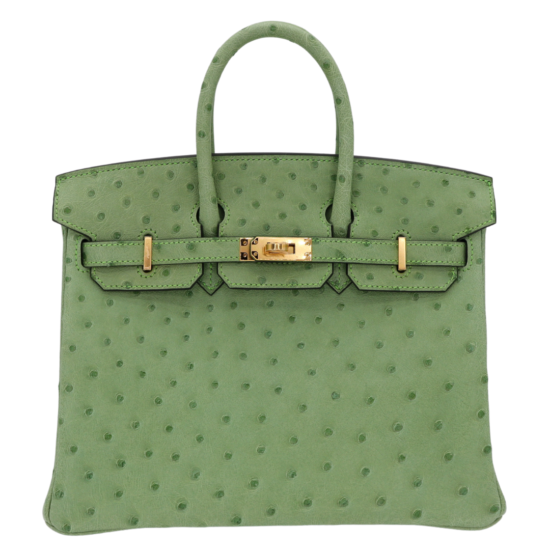 Hermes25cm Birkin Vert Criquet Ostrich Gold Hardware
