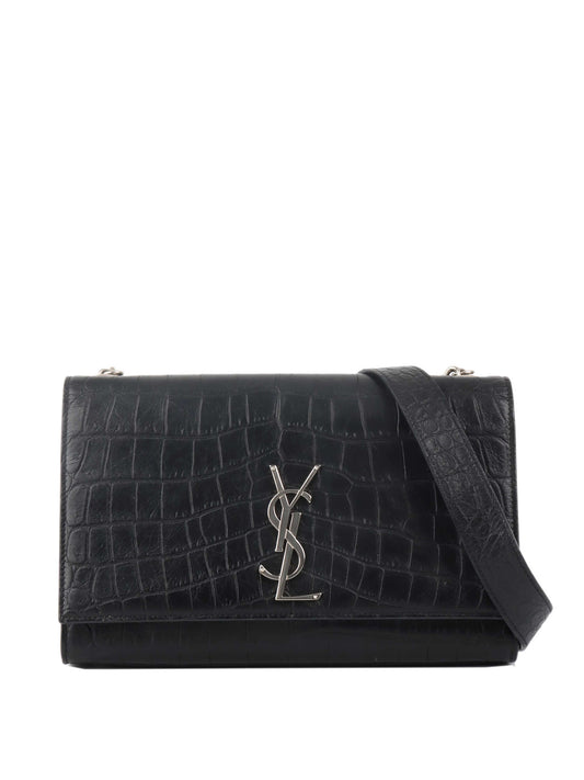 Saint Laurent Black Crocodile Embossed Chain Top Handle Kate Bag.