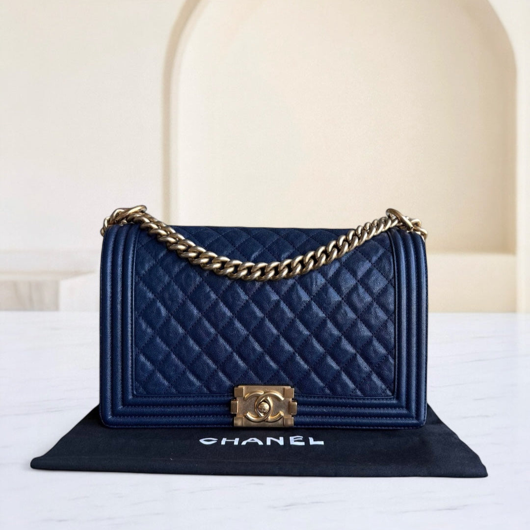 Chanel Boy New Medium - Caviar 28CM Quilted Grained Calfskin Dark Navy Blue Gold Hardware Series 26