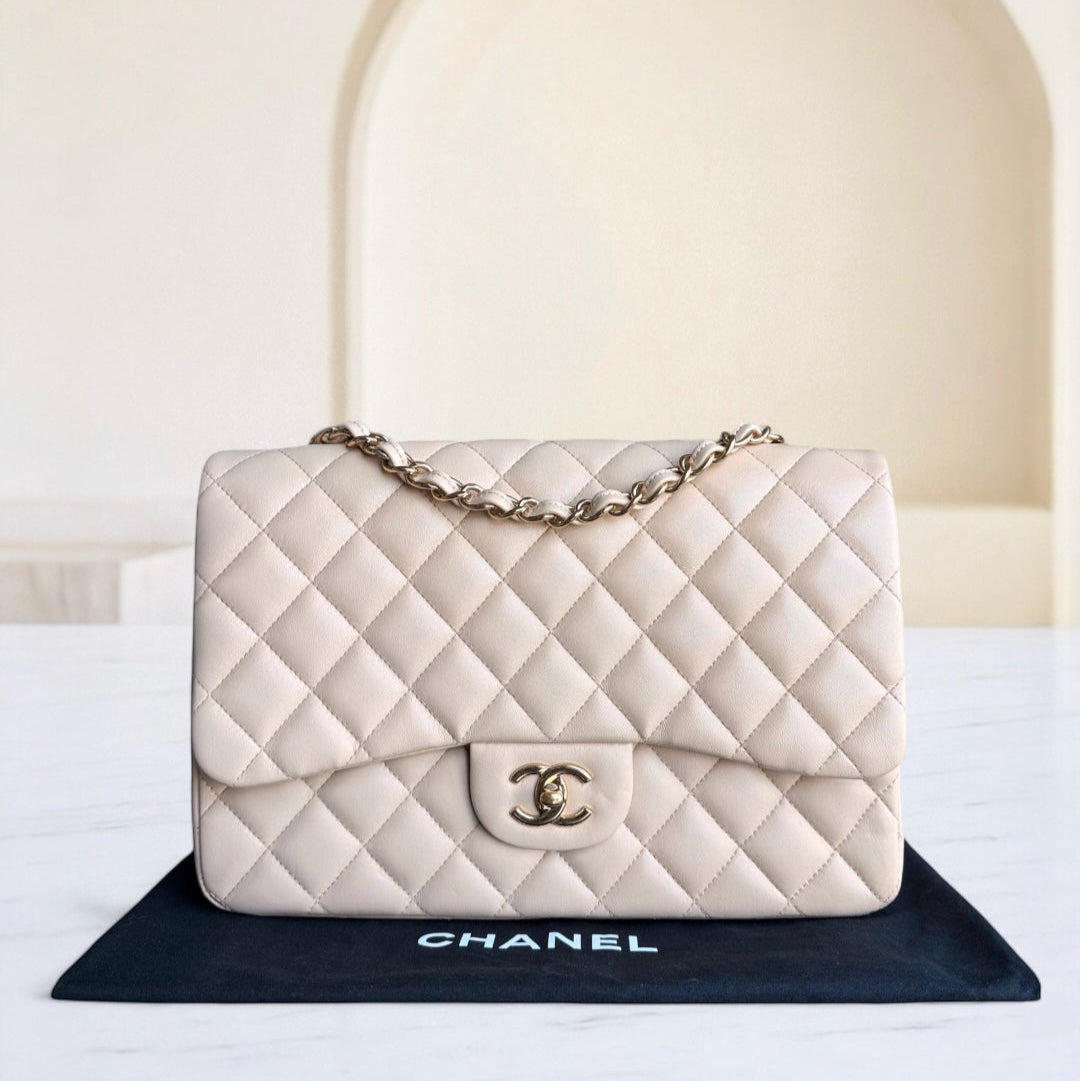 Chanel Classic Flap Jumbo - 30CM Quilted Lambskin Single Flap Light Beige Gold Hardware Series 14