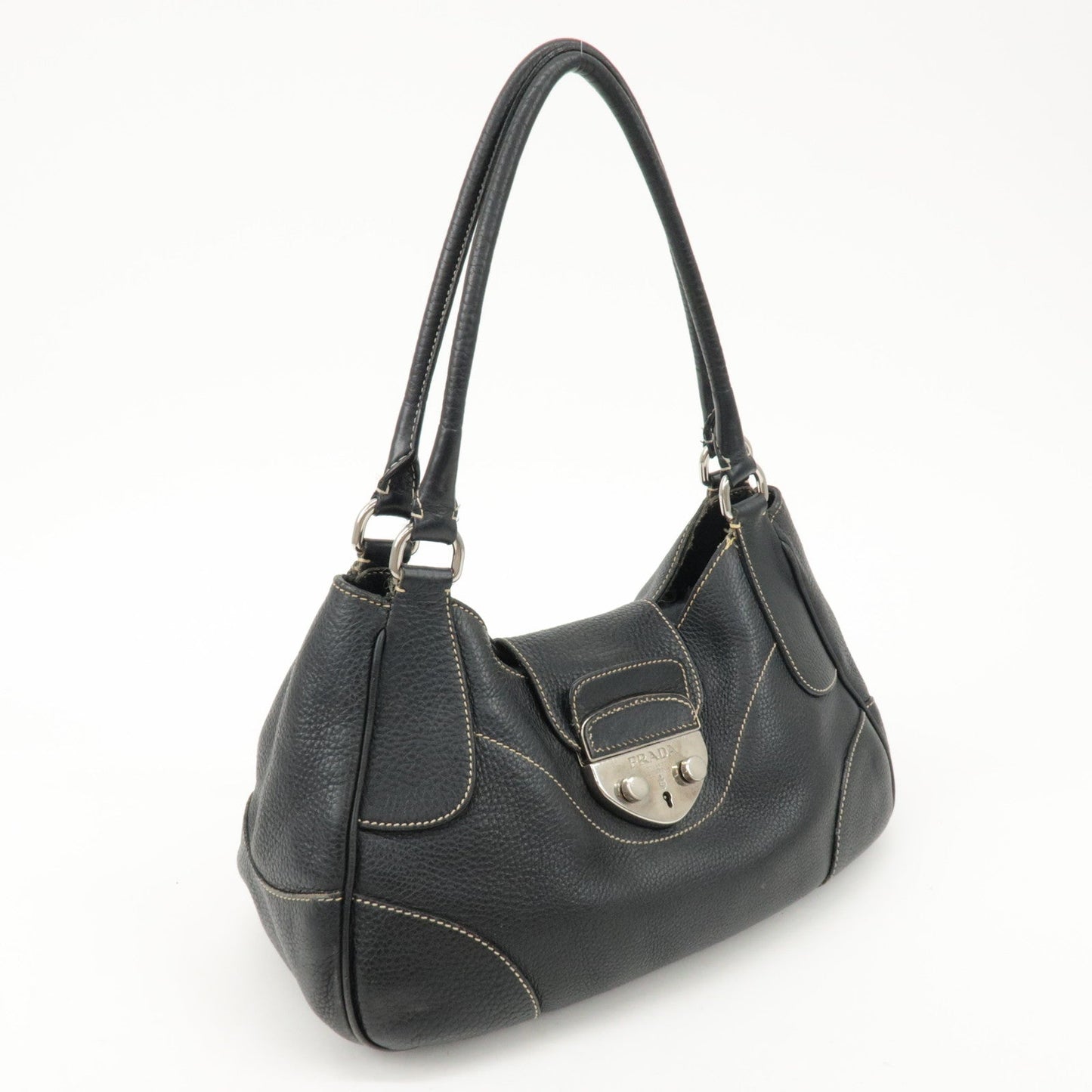 PRADA Logo Leather Shoulder Bag Hand Bag Black BR3593