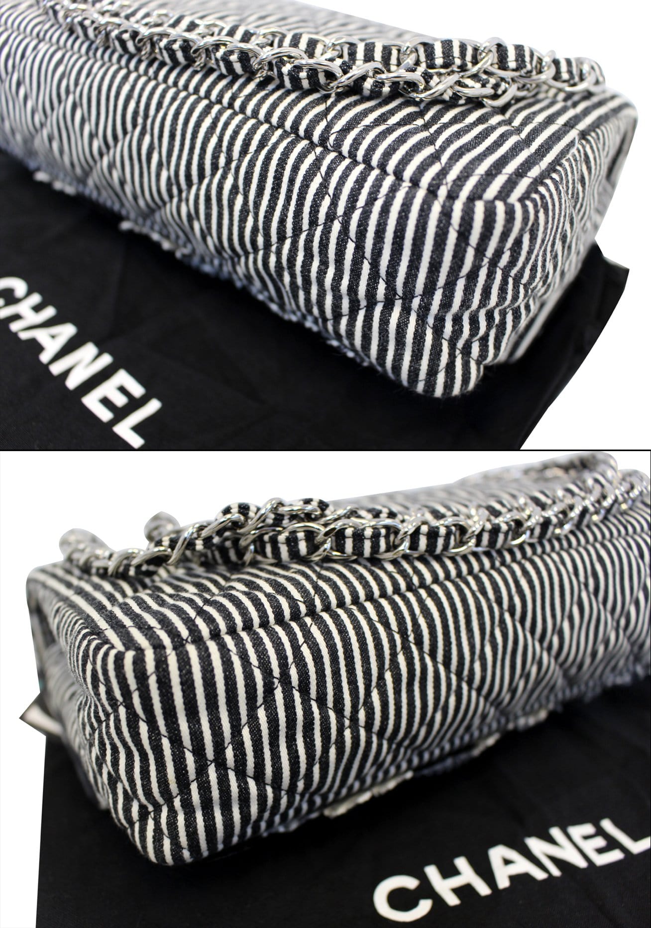 CHANEL Black/White Striped Medium Flap Shoulder Bag - Sale