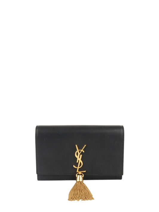 Saint Laurent Small Black Kate Wallet on Chain with Gold Tassel.
