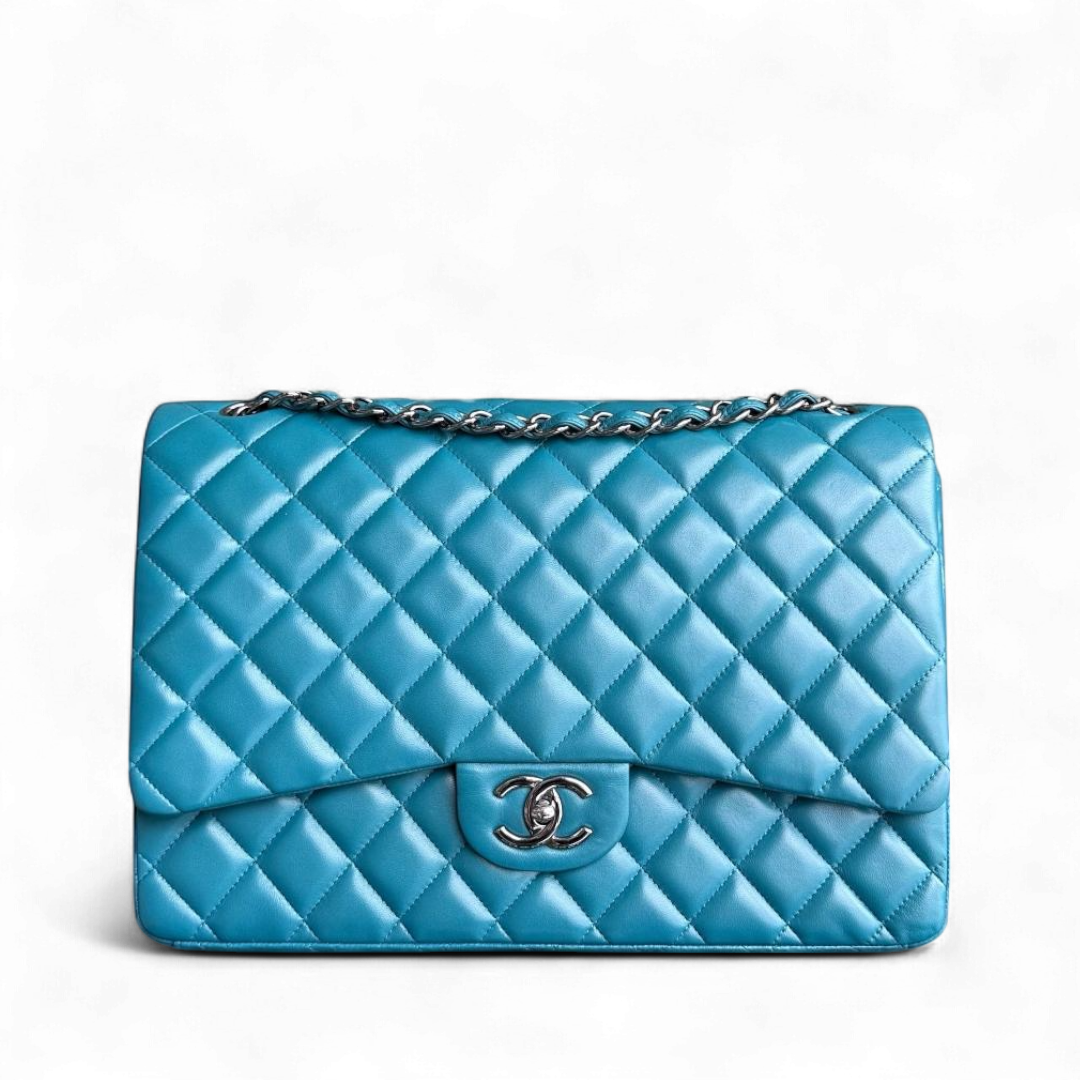 Chanel Classic Flap Maxi - Double Flap 33CM Quilted Lambskin Blue Silver Hardware Series 15
