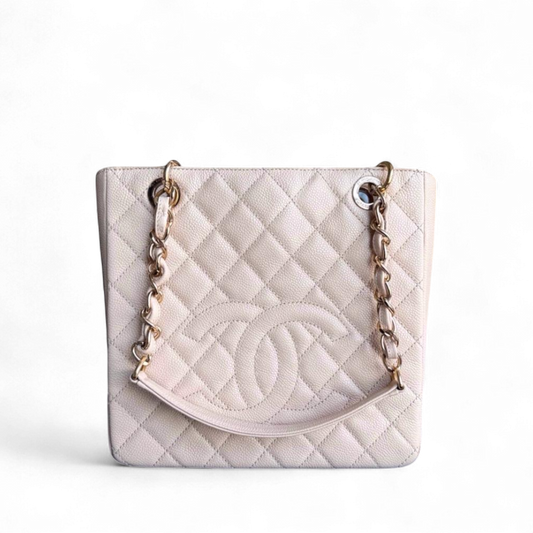 Chanel PST Petite Shopping Tote - Caviar Quilted Grained Calfskin Light Beige Gold Hardware Series 15