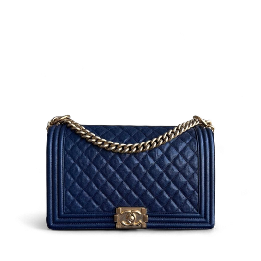 Chanel Boy New Medium - Caviar 28CM Quilted Grained Calfskin Dark Navy Blue Gold Hardware Series 26