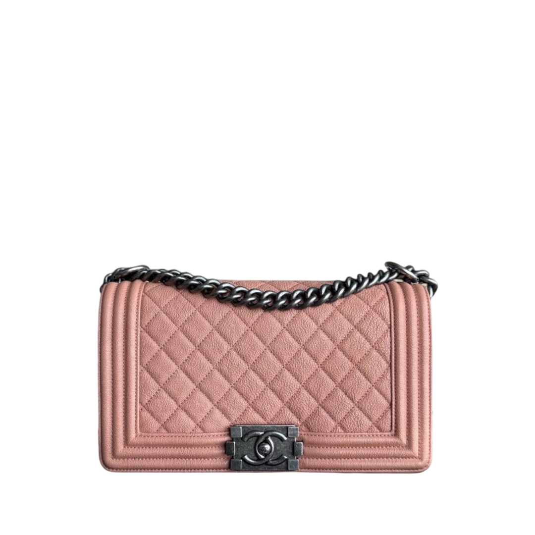 Chanel Boy Medium - Caviar 25CM Quilted Nude Blush Caramel Ruthenium Silver Hardware Series 26
