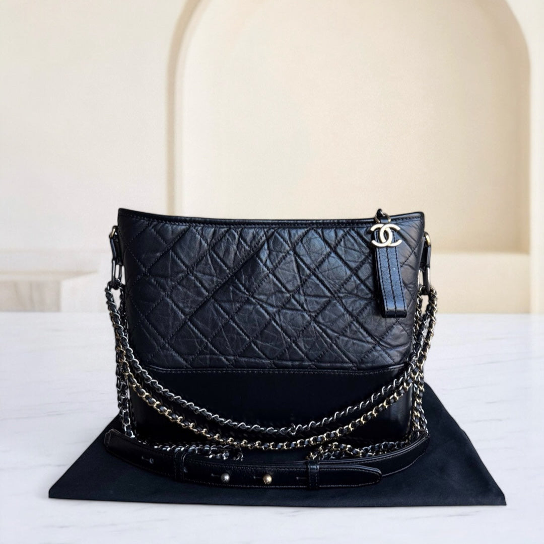 Chanel Gabrielle Medium - Quilted Aged Calfskin Black Two-tone Gold Hardware