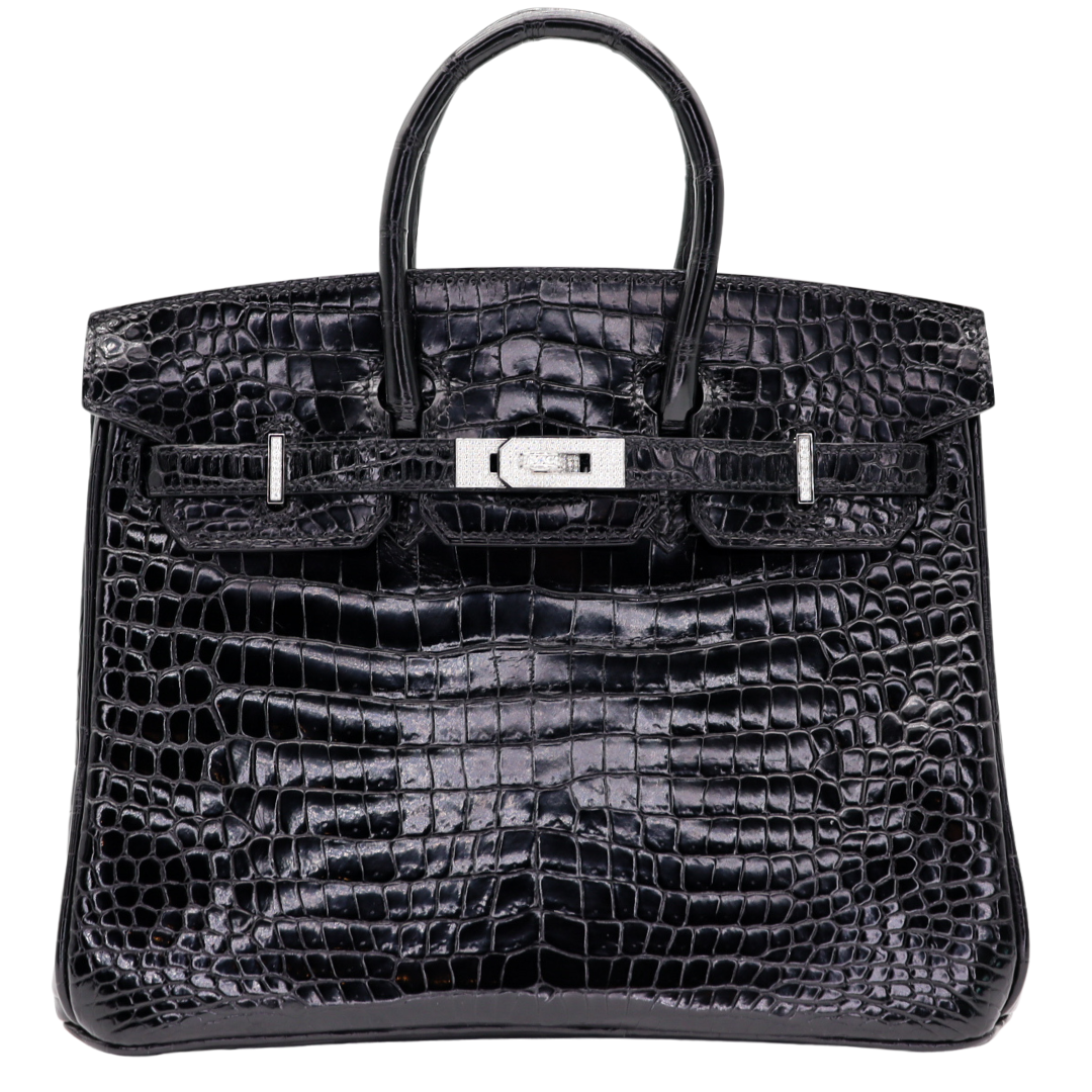Hermes25cm Birkin Black Shiny Porosus Crocodile Diamond Hardware