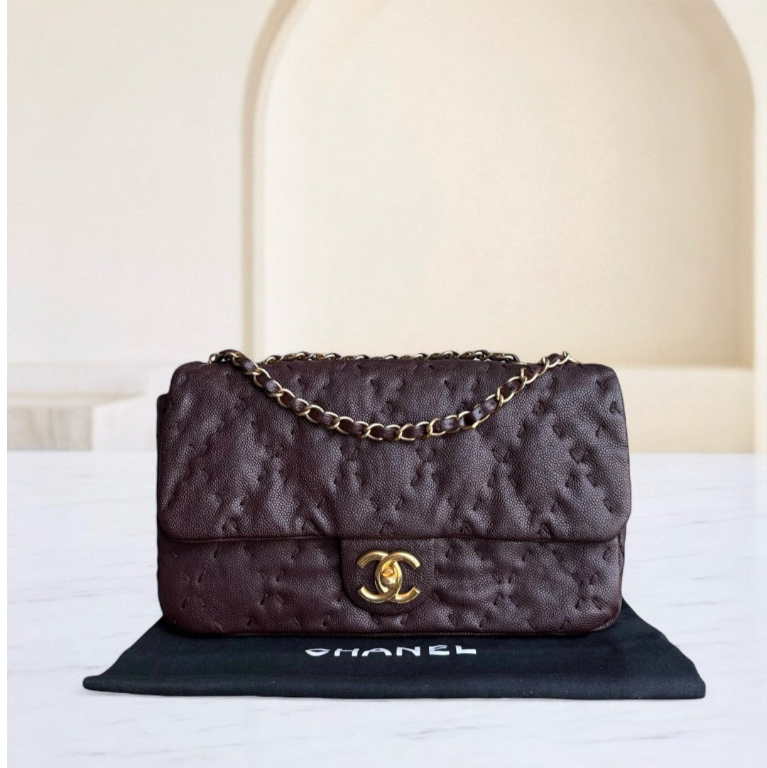 Chanel Seasonal Flap Wild Stitches - Caviar Quilted Grained Calfskin Dark Brown Gold Hardware Series 15