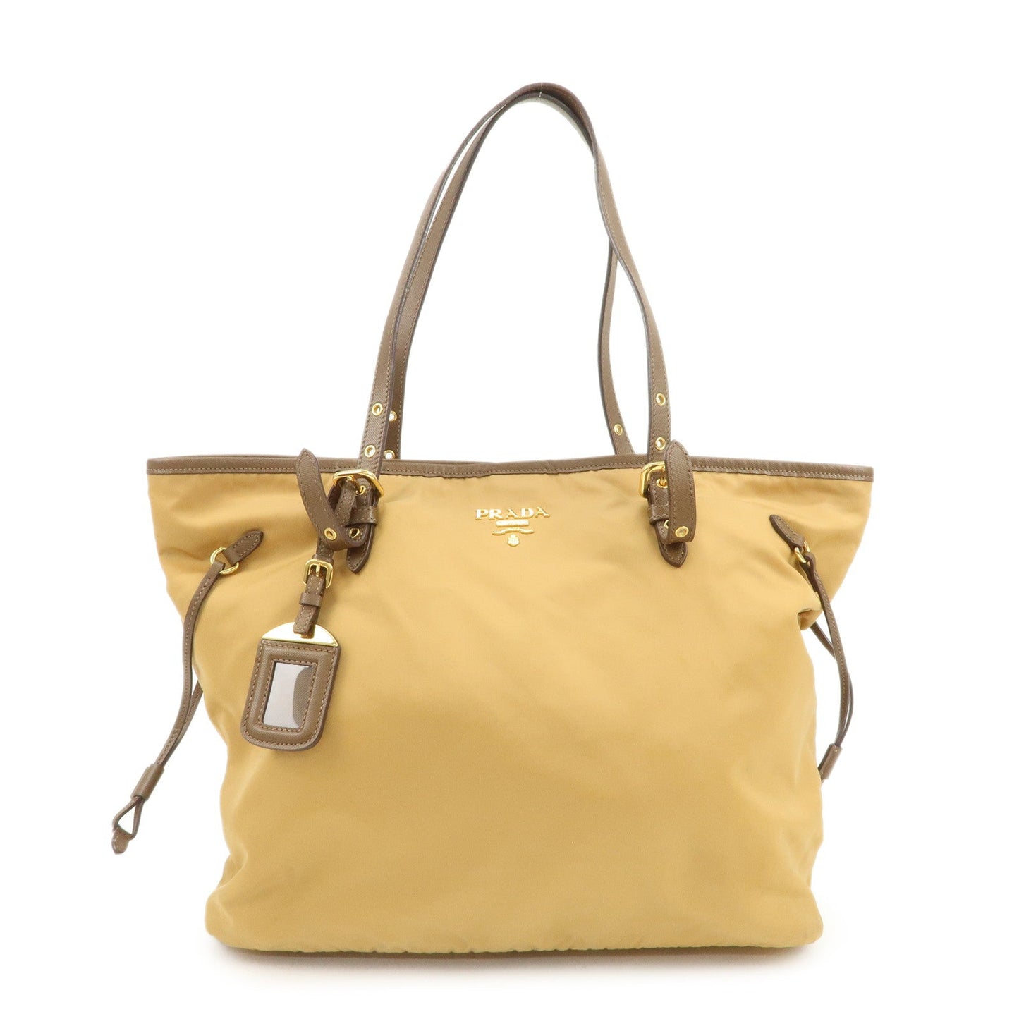 PRADA Logo Nylon Saffiano Leather Tote Bag Shoulder Bag Light Brown