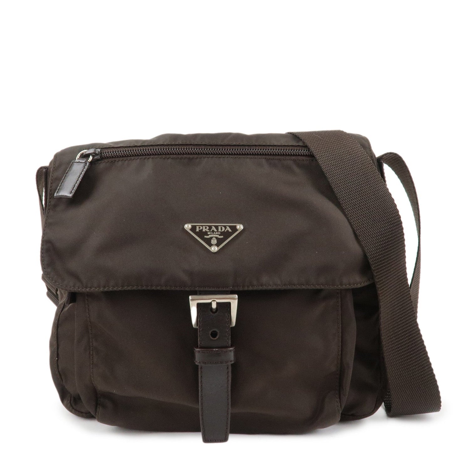PRADA Triangle Logo Nylon Leather Shoulder Bag Crossbody Bag Brown