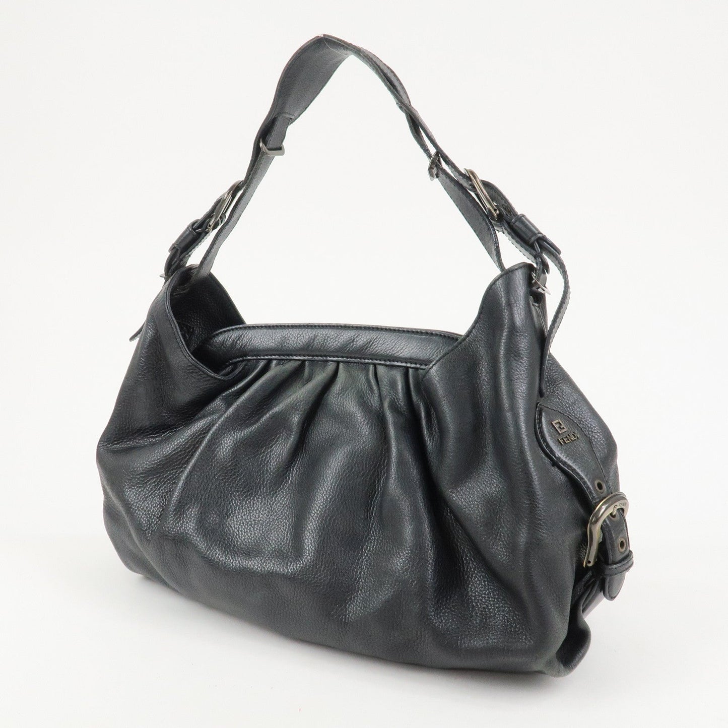 FENDI Logo Leather Shoulder Bag Tote Bag Black 8BR579