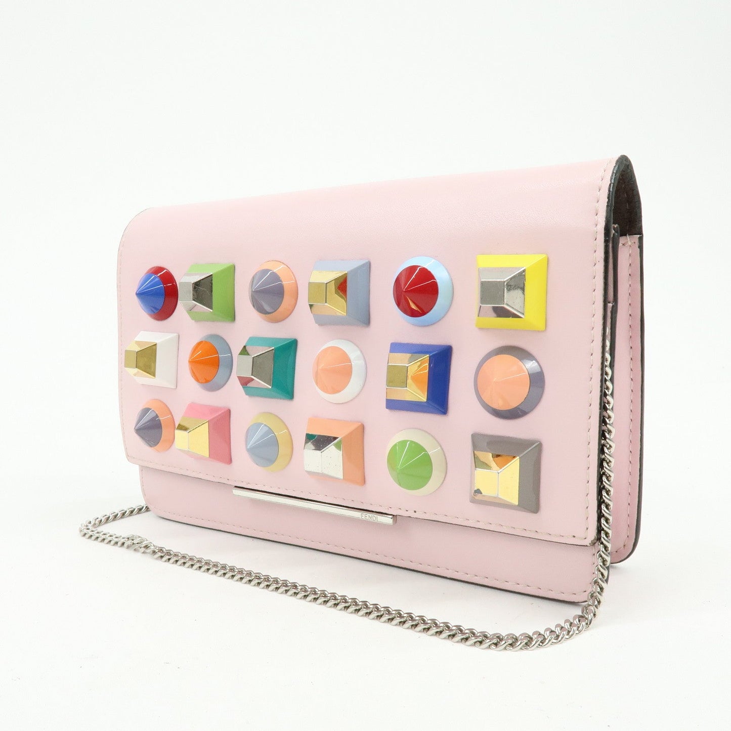 FENDI Leather Studs Chain Wallet Shoulder Bag Pink 8M0346