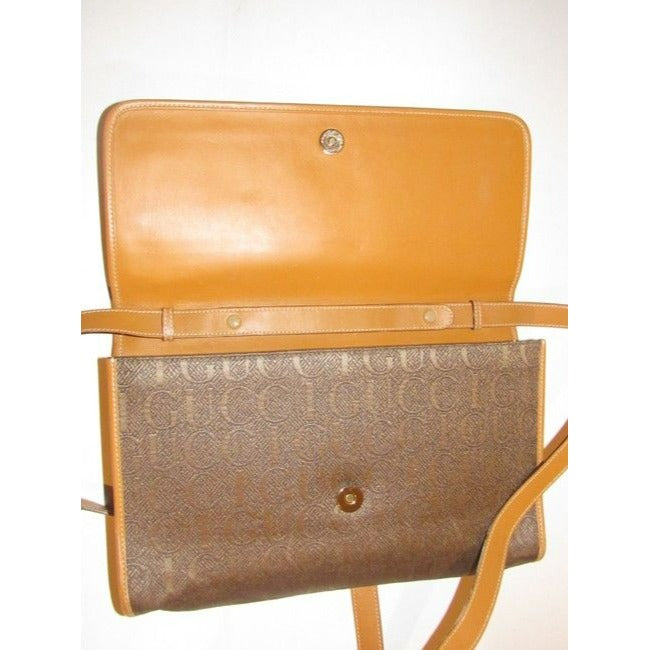 Gucci Vintage Brown Gucci Print Canvas And Camel Leather Shoulder Bag