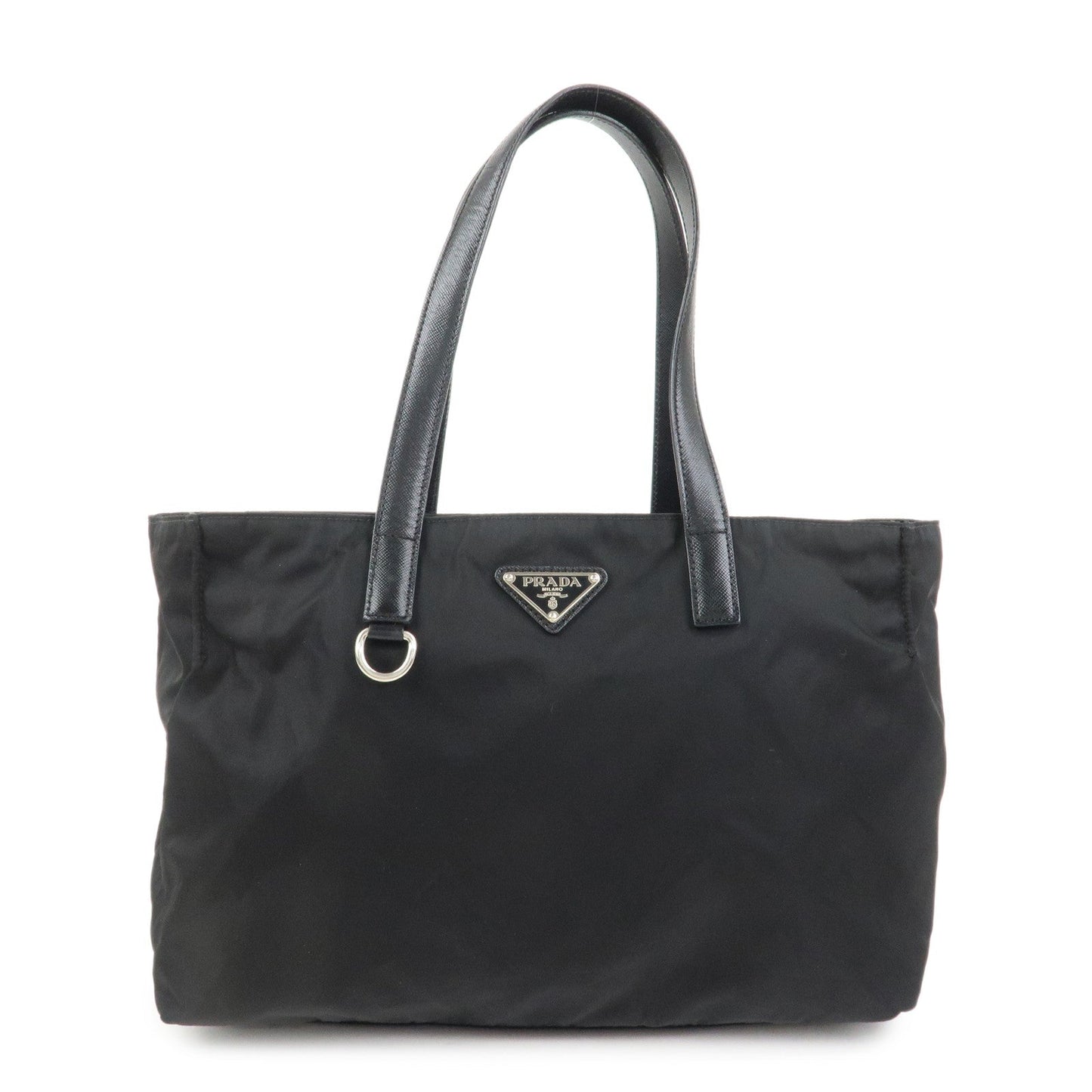 PRADA Triangle Logo Nylon Saffiano Leather Tote Shoulder Bag Black