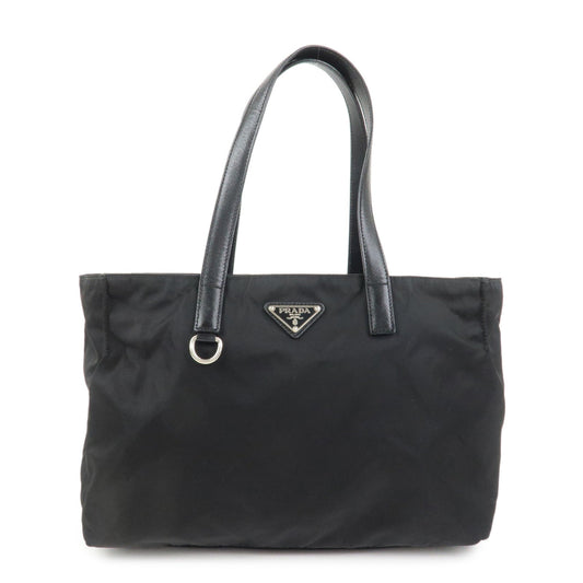 PRADA Triangle Logo Nylon Saffiano Leather Tote Shoulder Bag Black