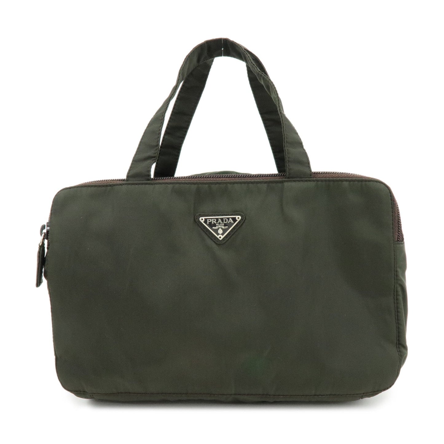 PRADA Triangle Logo Nylon Leather Hand Bag Cosmetic Case Khaki