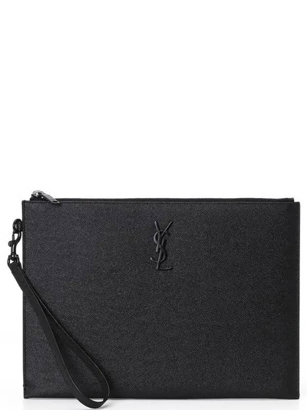 Luxury Saint Laurent Trending 2025 Monogram Strap Tablet Clutch Bag Black Black