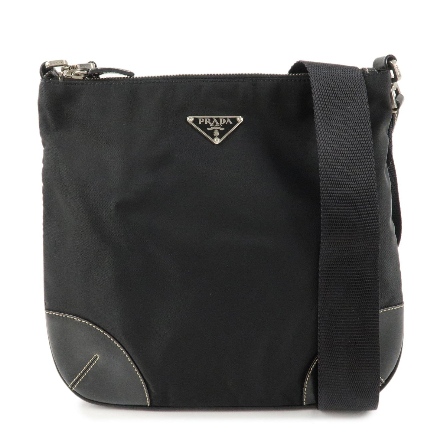 PRADA Triangle Logo Leather Nylon Shoulder Bag Crossbody Bag Black