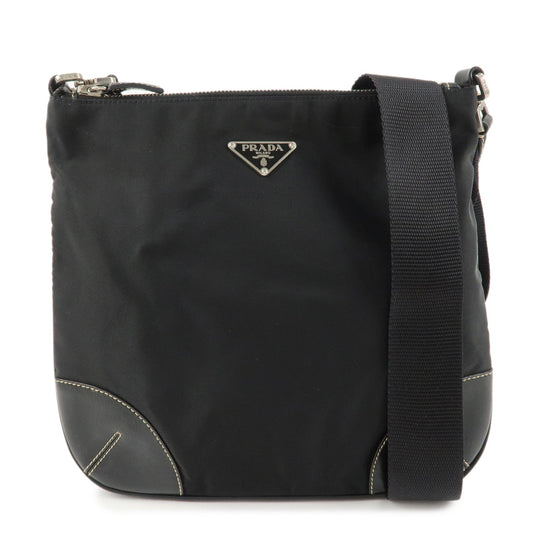 PRADA Triangle Logo Leather Nylon Shoulder Bag Crossbody Bag Black
