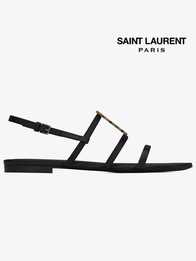 Luxury Saint Laurent Trending 2025 Women's Smooth Leather Gold Tone Monogram Detail Cassandra Flat Sandals Black