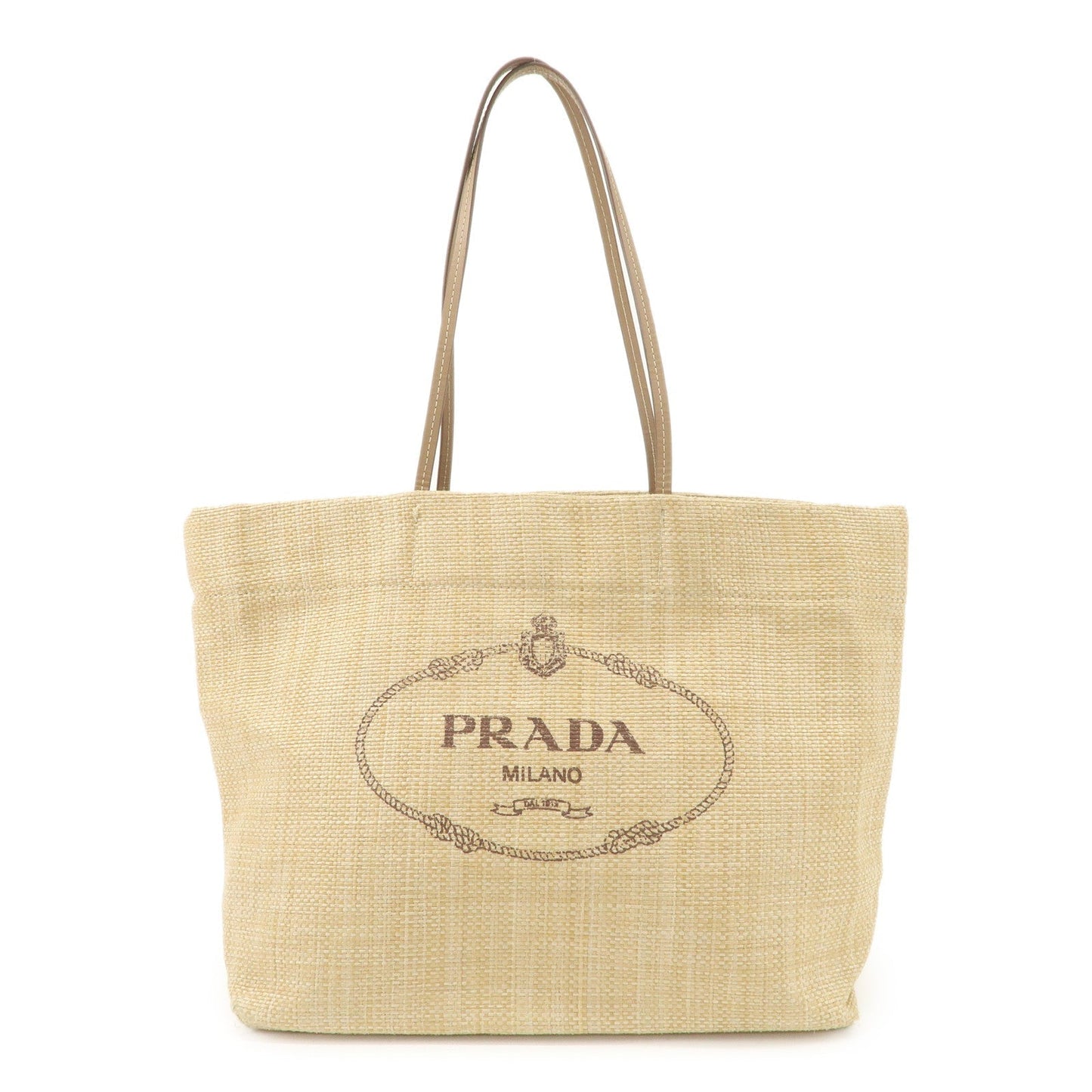 PRADA Leather Raffia Straw Tote Bag Shoulder Bag Beige