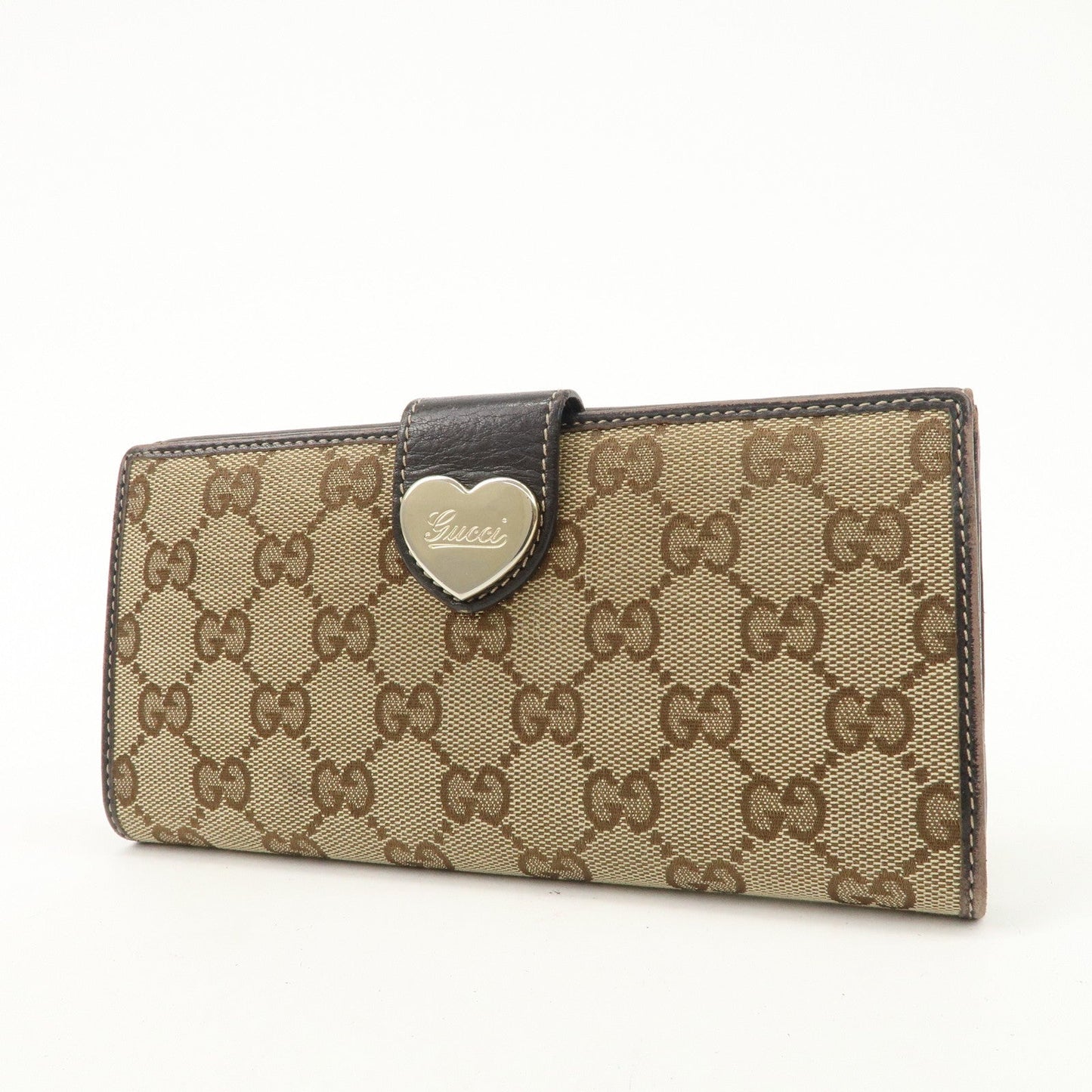 GUCCI Lovely Heart GG Canvas Leather Bi-fold Long Wallet Brown 203550