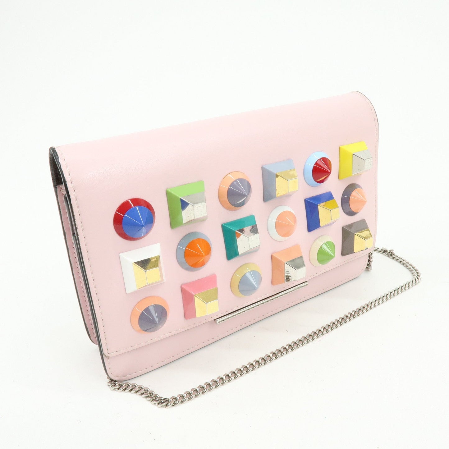 FENDI Leather Studs Chain Wallet Shoulder Bag Pink 8M0346