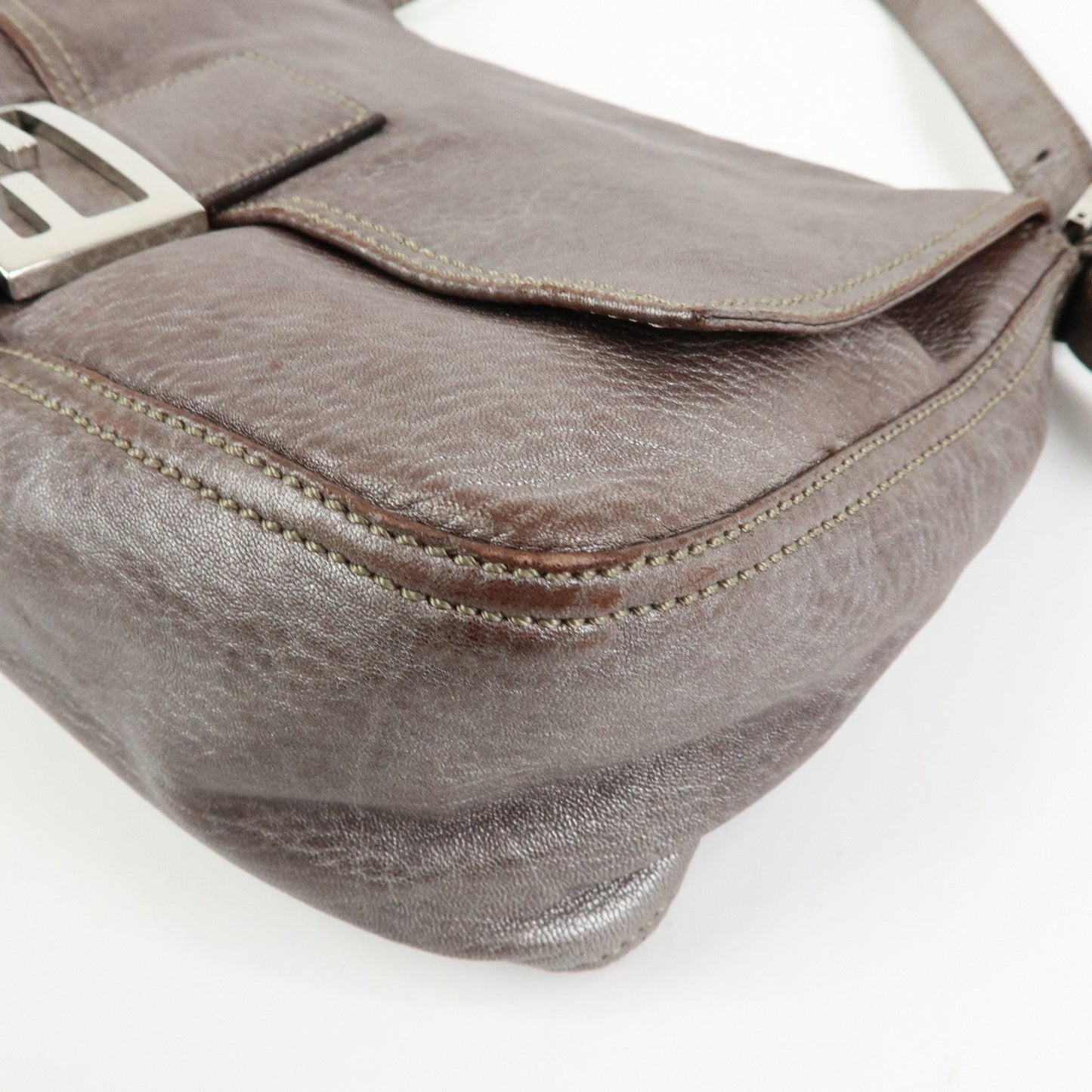 FENDI Mamma Baguette Leather Shoulder Bag Metallic Brown 8BR001