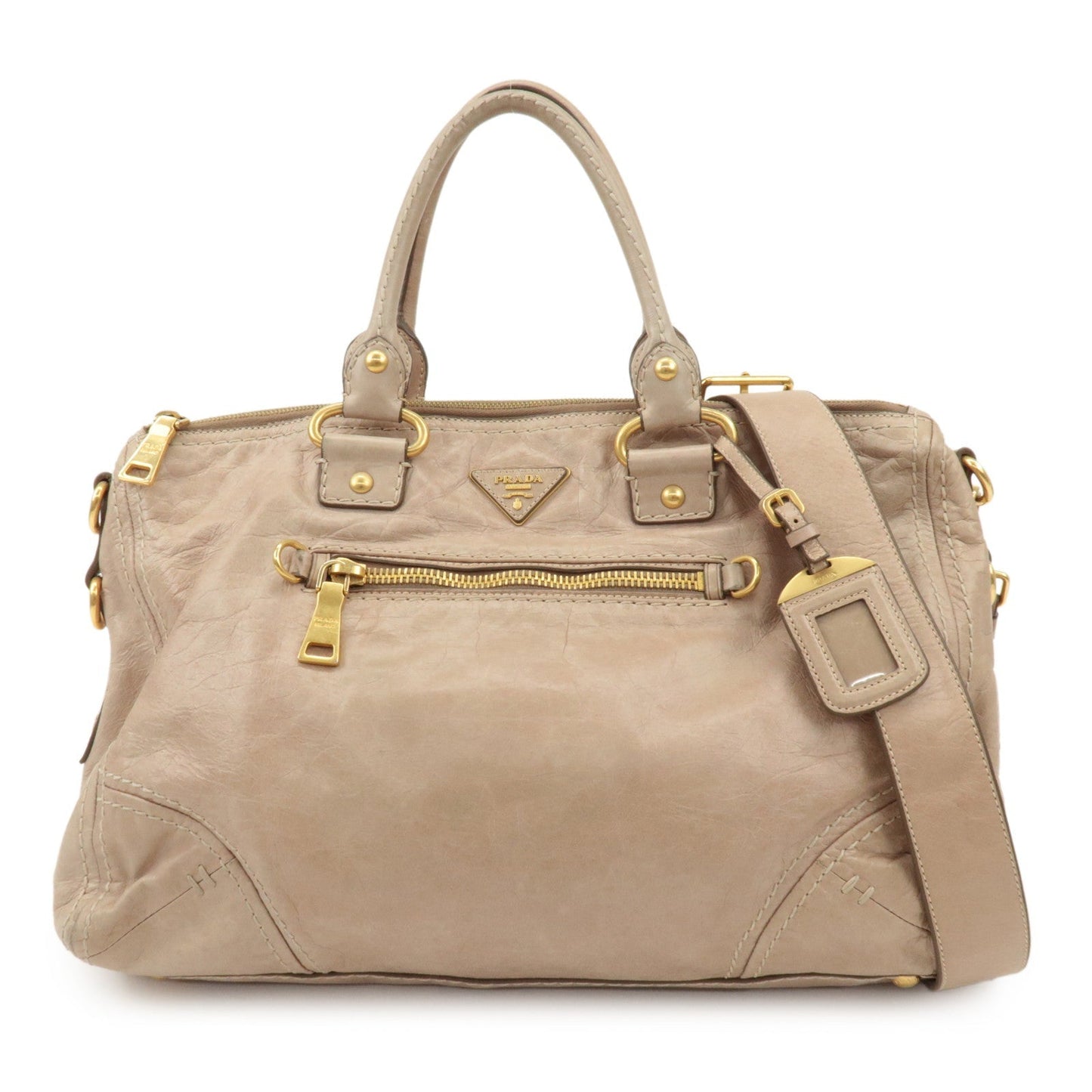 PRADA Triangle Logo Leather 2Way Bag Tote Bag Shoulder Bag Beige
