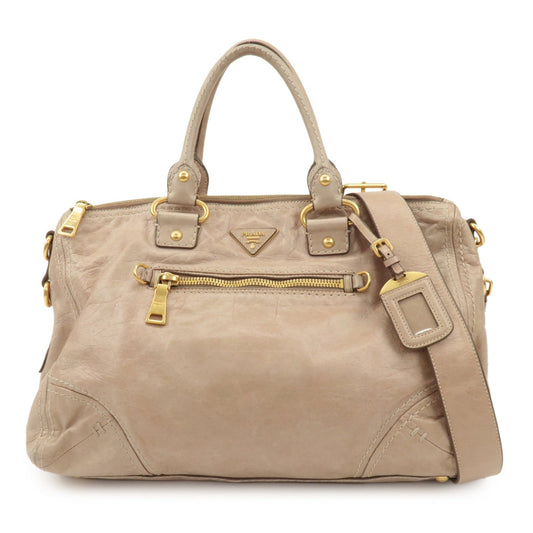 PRADA Triangle Logo Leather 2Way Bag Tote Bag Shoulder Bag Beige