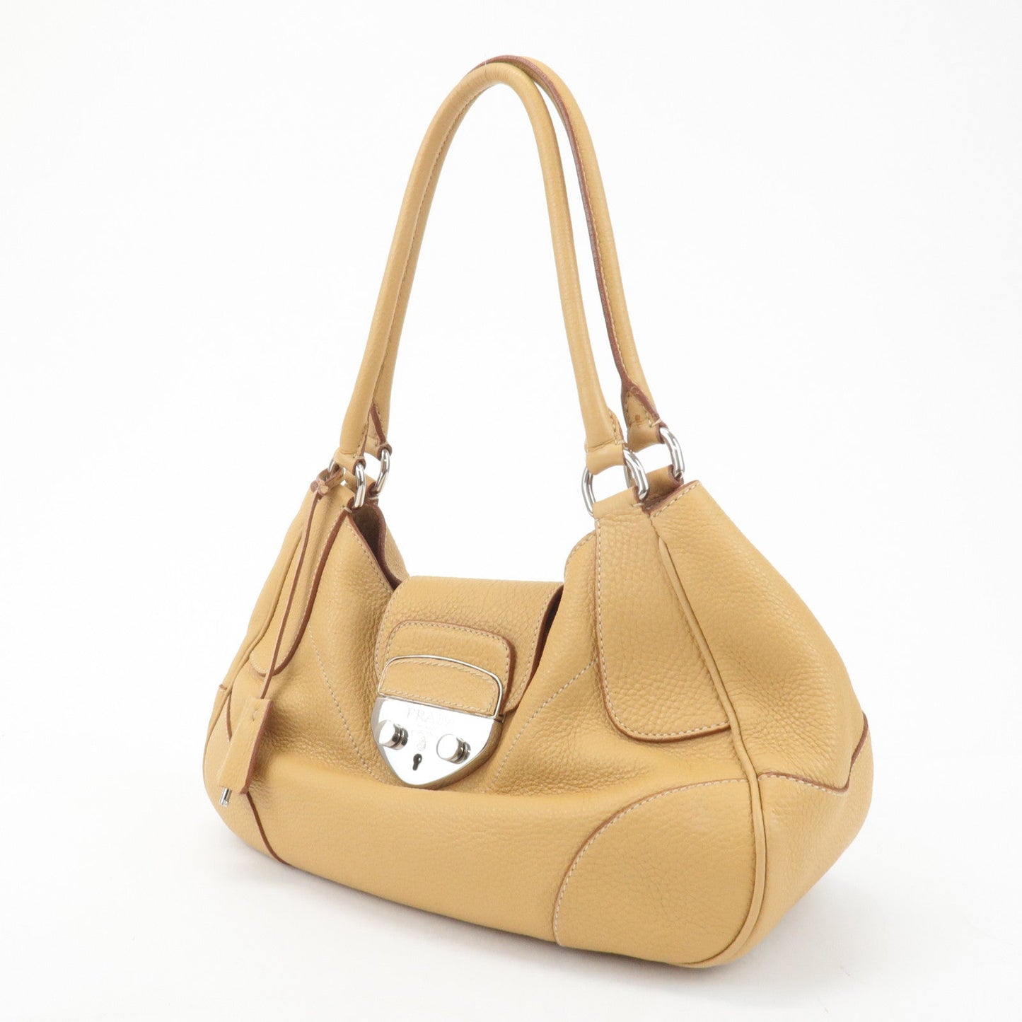 PRADA Leather Shoulder Bag Hand Bag Beige Silver HDW