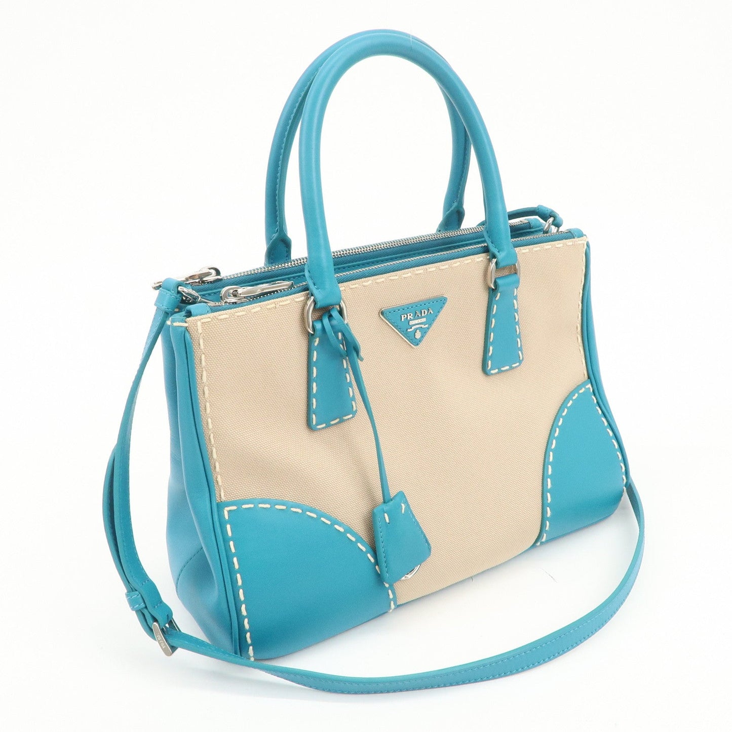 PRADA Triangle Logo Canvas 2Way Bag Hand Bag Tote Bag Blue B1801K