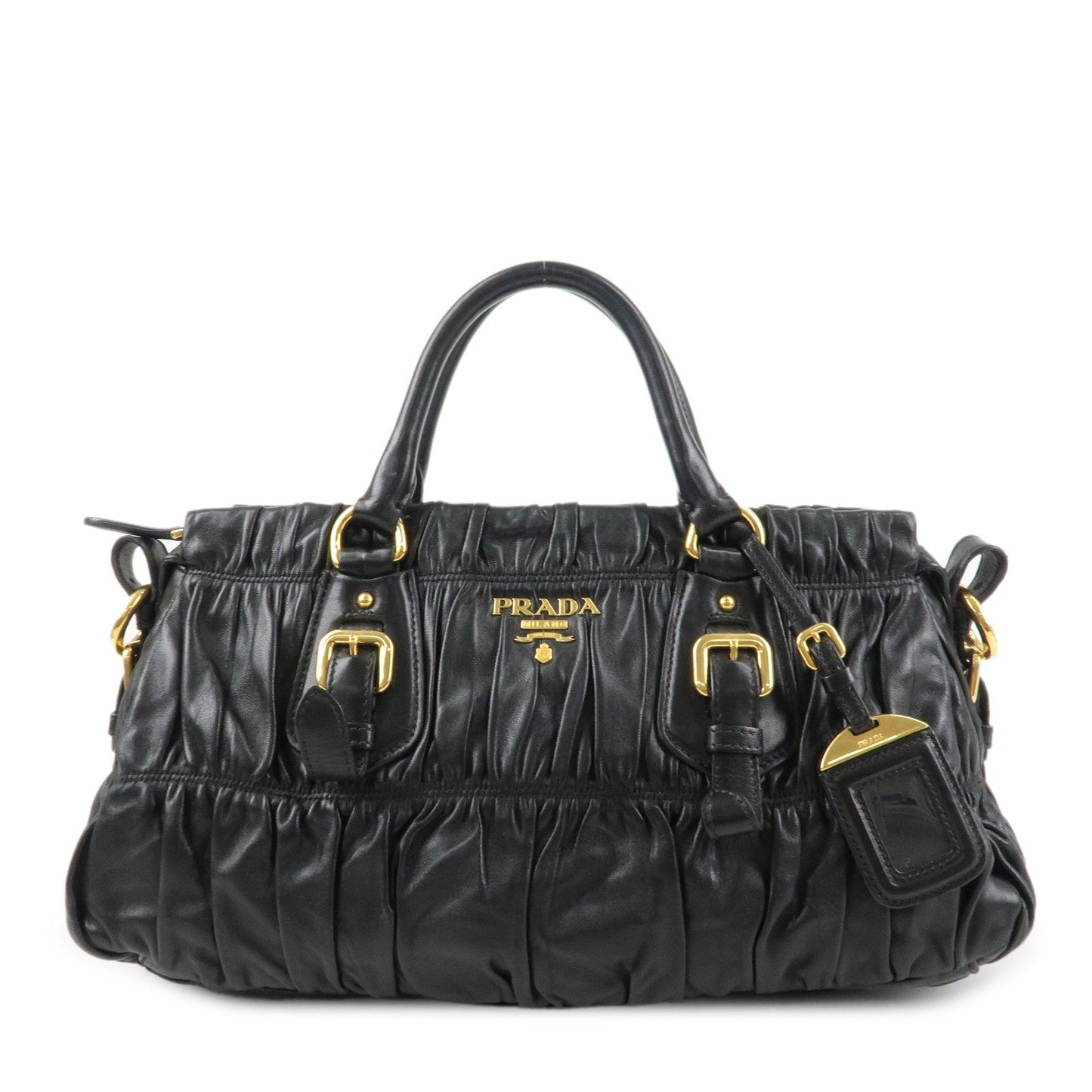 PRADA Logo Leather 2WAY Tote Bag Hand Bag Black Gold HDW B11091