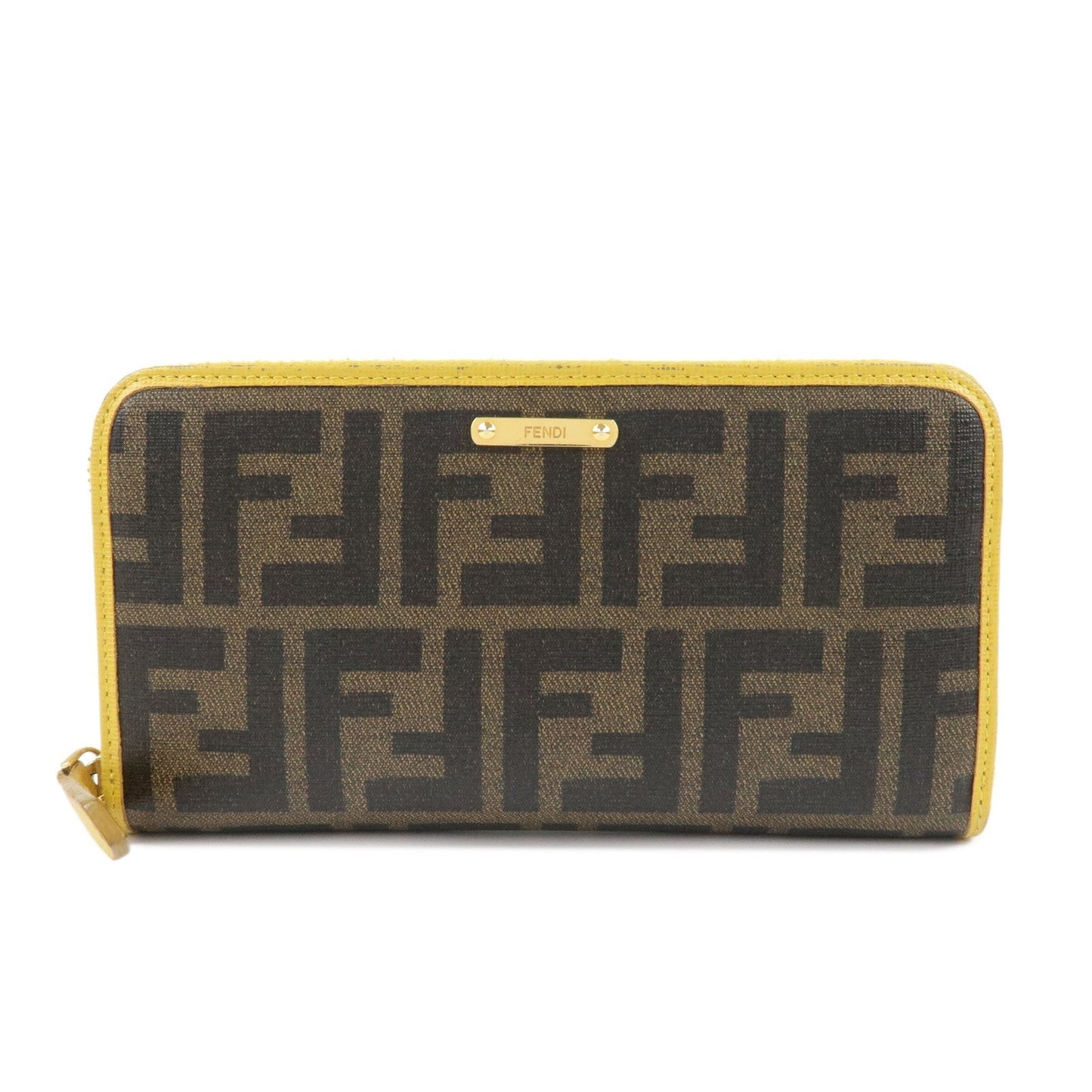 FENDI Zucca PVC Leather Round Zippy Long Wallet Brown Yellow 8M0299