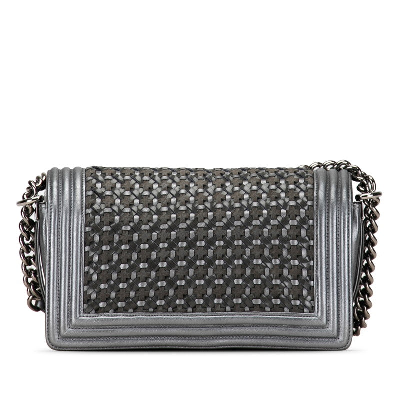 Chanel Boy Chanel 25 Chain Shoulder Bag Khaki Silver Leather   CHANEL