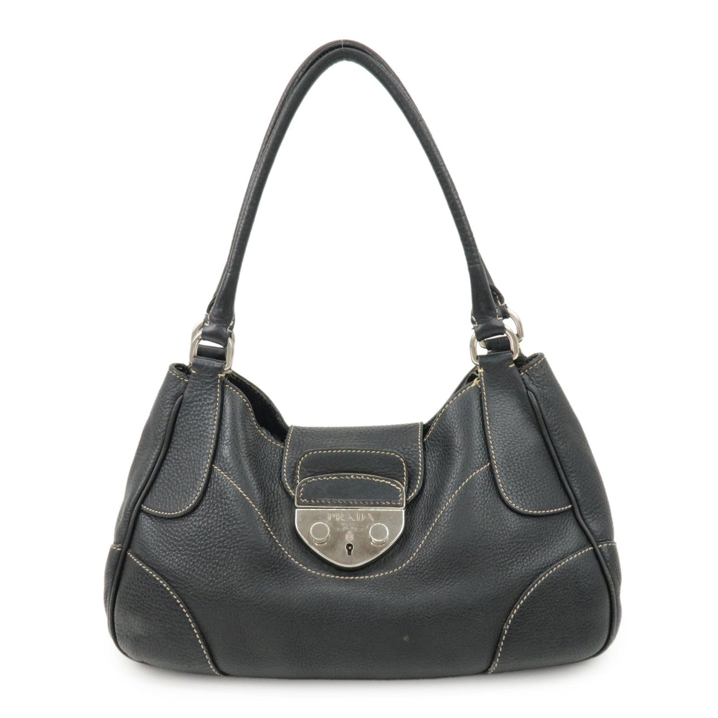 PRADA Logo Leather Shoulder Bag Hand Bag Black BR3593