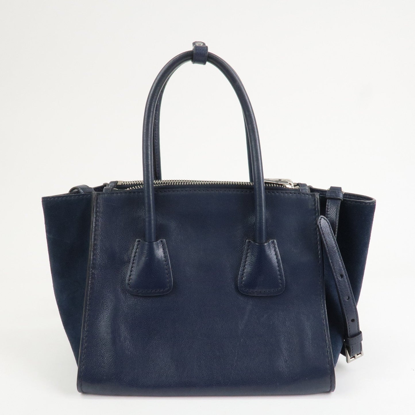 PRADA Triangle Logo Leather 2Way Bag Tote Bag Hand Bag Navy B2625M