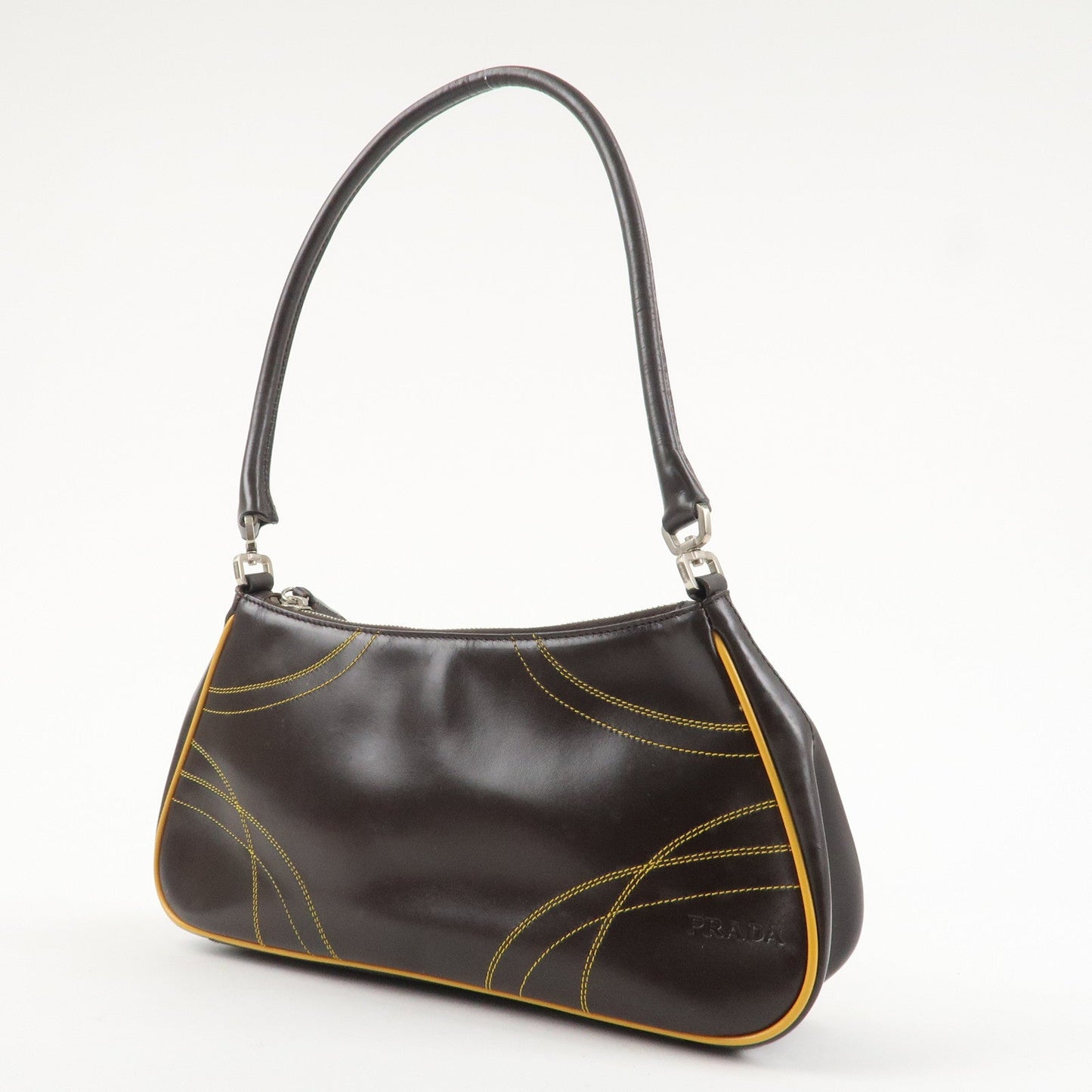 PRADA Logo Leather Shoulder Bag Hand Bag Brown Yellow B11055