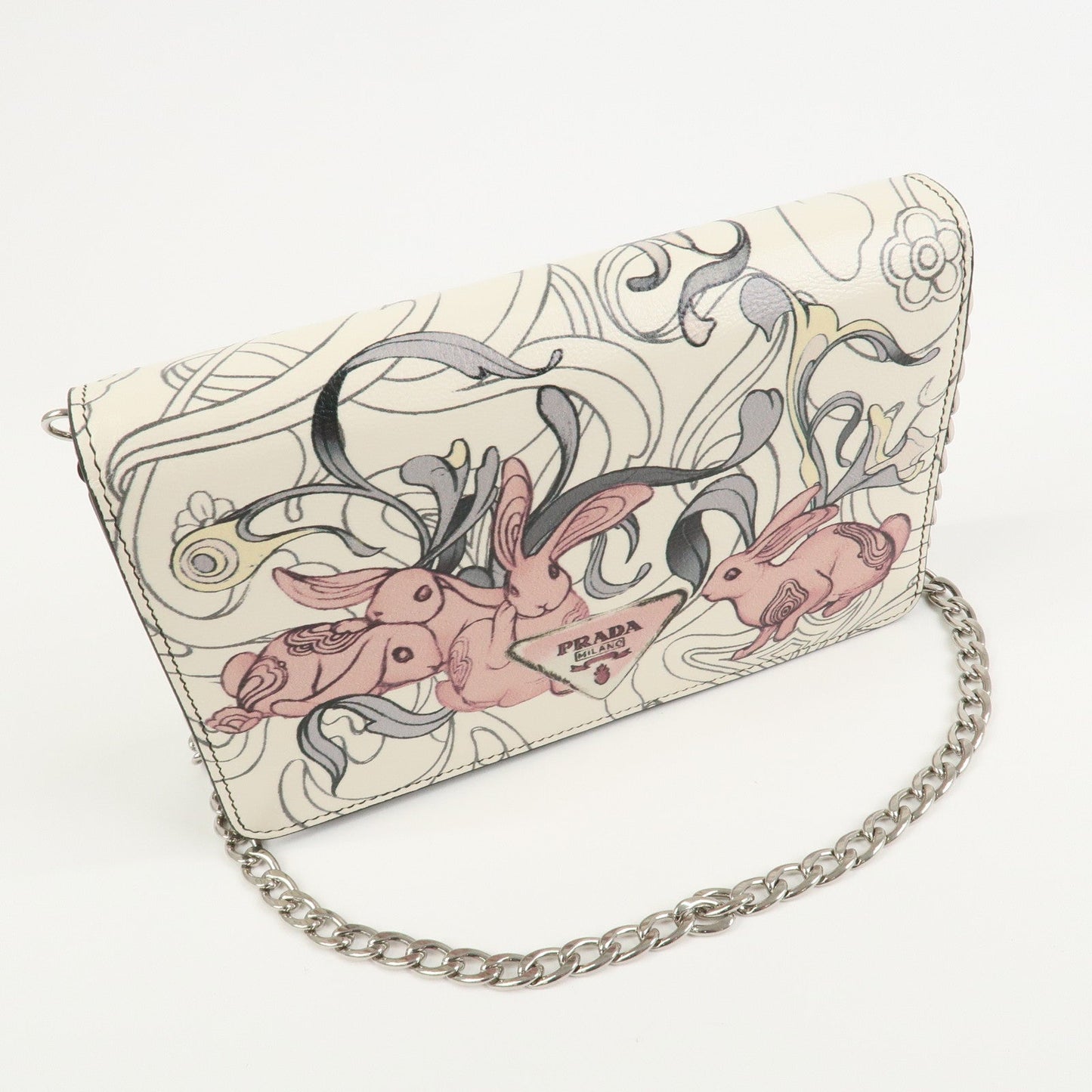 PRADA Leather Chain Shoulder Bag Crossbody Bag Rabbit Ivory 1BP012