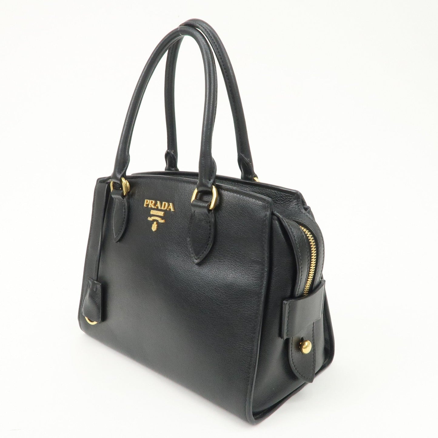 PRADA Leather 2Way Bag Hand Bag Black Gold Hardware