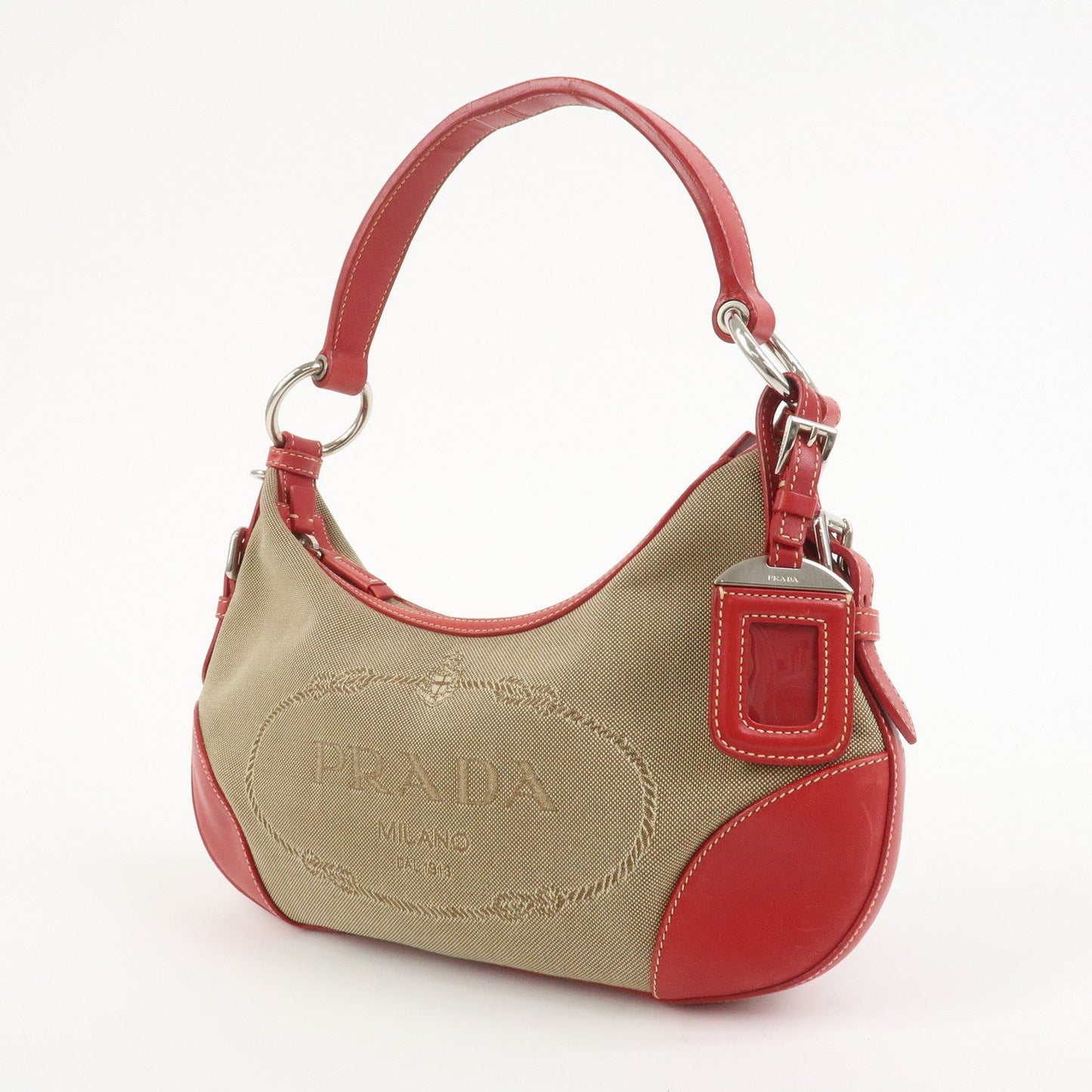PRADA Logo Jacguard Leather Shoulder Bag Light Brown Red BR3429