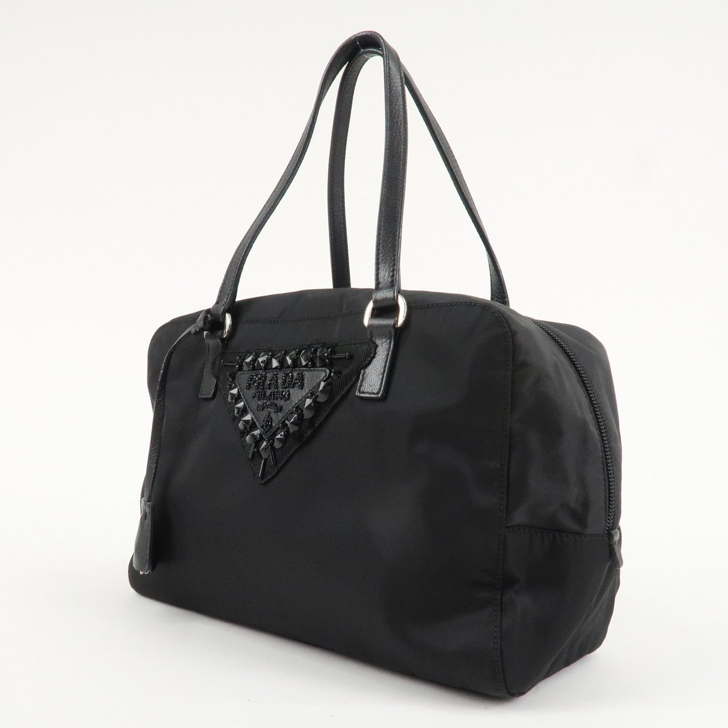 PRADA Evening Triangle Logo Leather Nylon Bijou Boston Bag Shoulder Bag