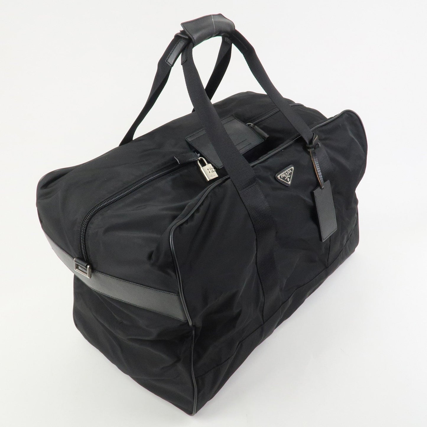 PRADA Triangle Logo Nylon Saffiano Leather Boston Bag Hand Bag