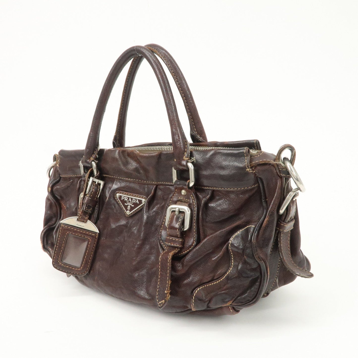 PRADA Triangle Logo Leather 2Way Bag Hand Bag Dark Brown BN1279