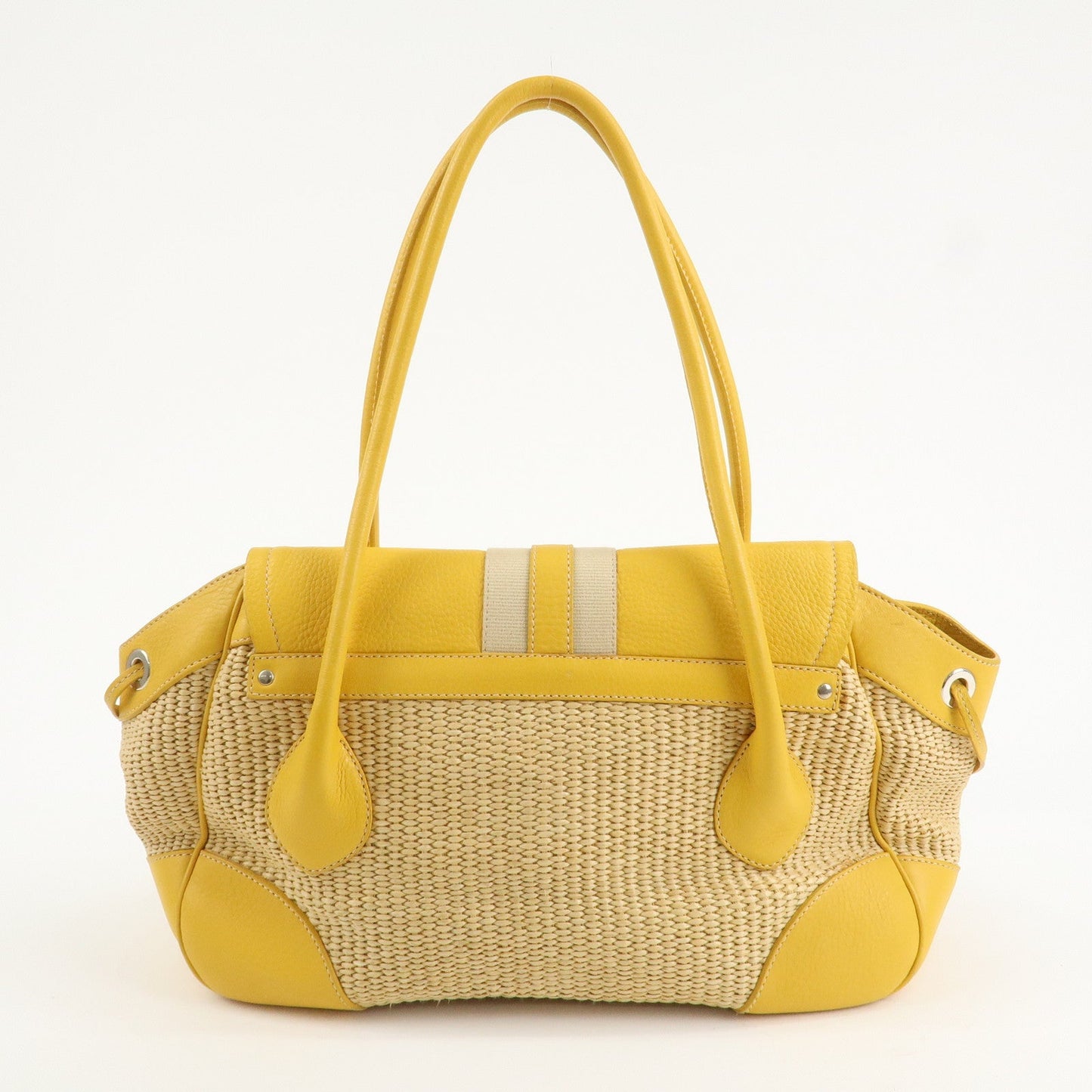 PRADA Triangle Logo Leather Raffia Tote Bag Beige Yellow